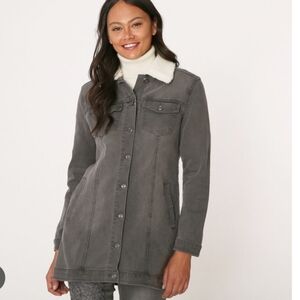 Diane Gilman Jacket Women's 2XL Gray Denim Jacket Classic Stretch Faux Sherpa